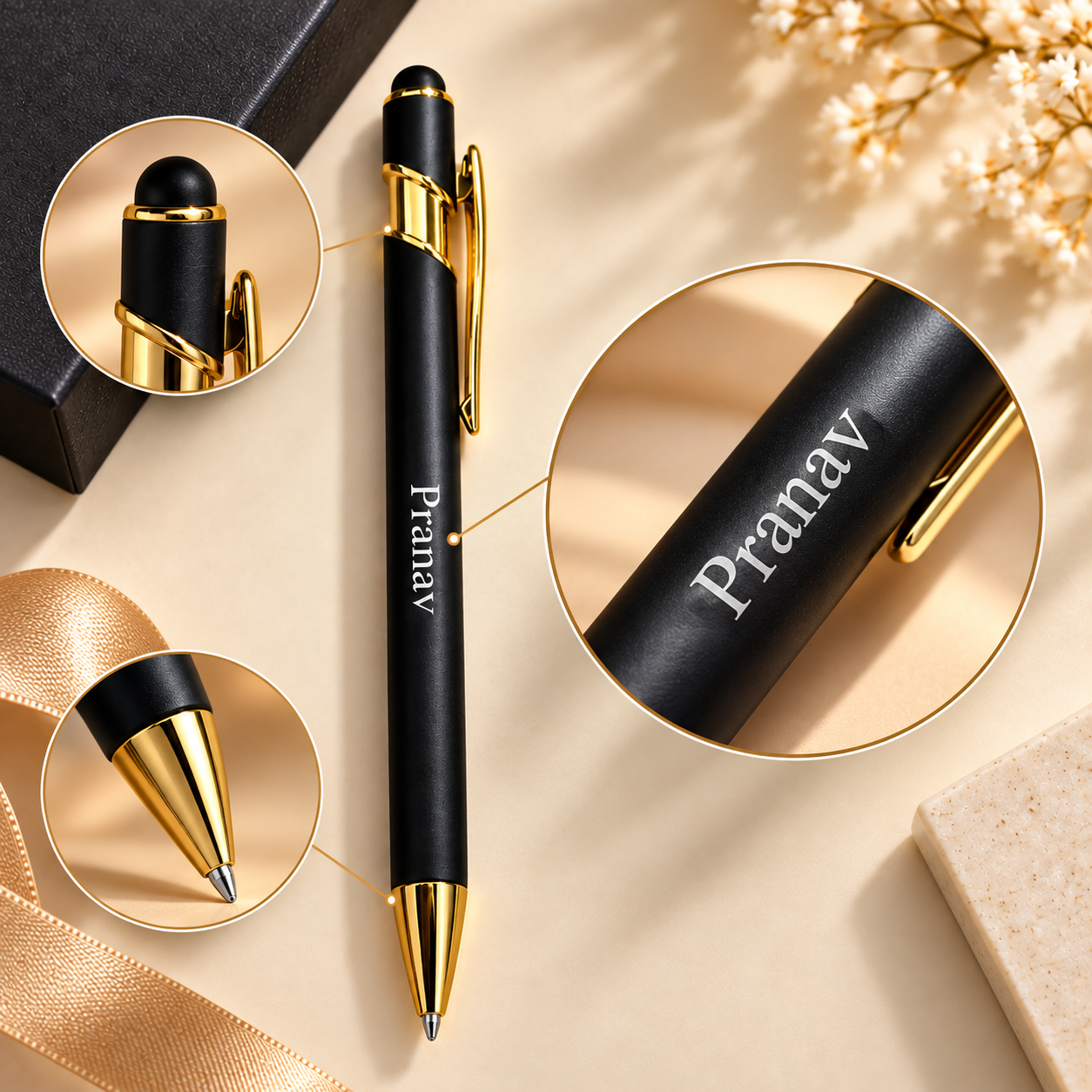 Personalized Name Engraved Pen & Keychain Combo | Custom Black & Gold Gift Set for Him | Moment Makers - Image 2