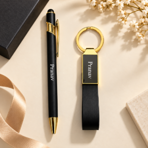 Personalized Name Engraved Pen & Keychain Combo | Custom Black & Gold Gift Set for Him | Moment Makers
